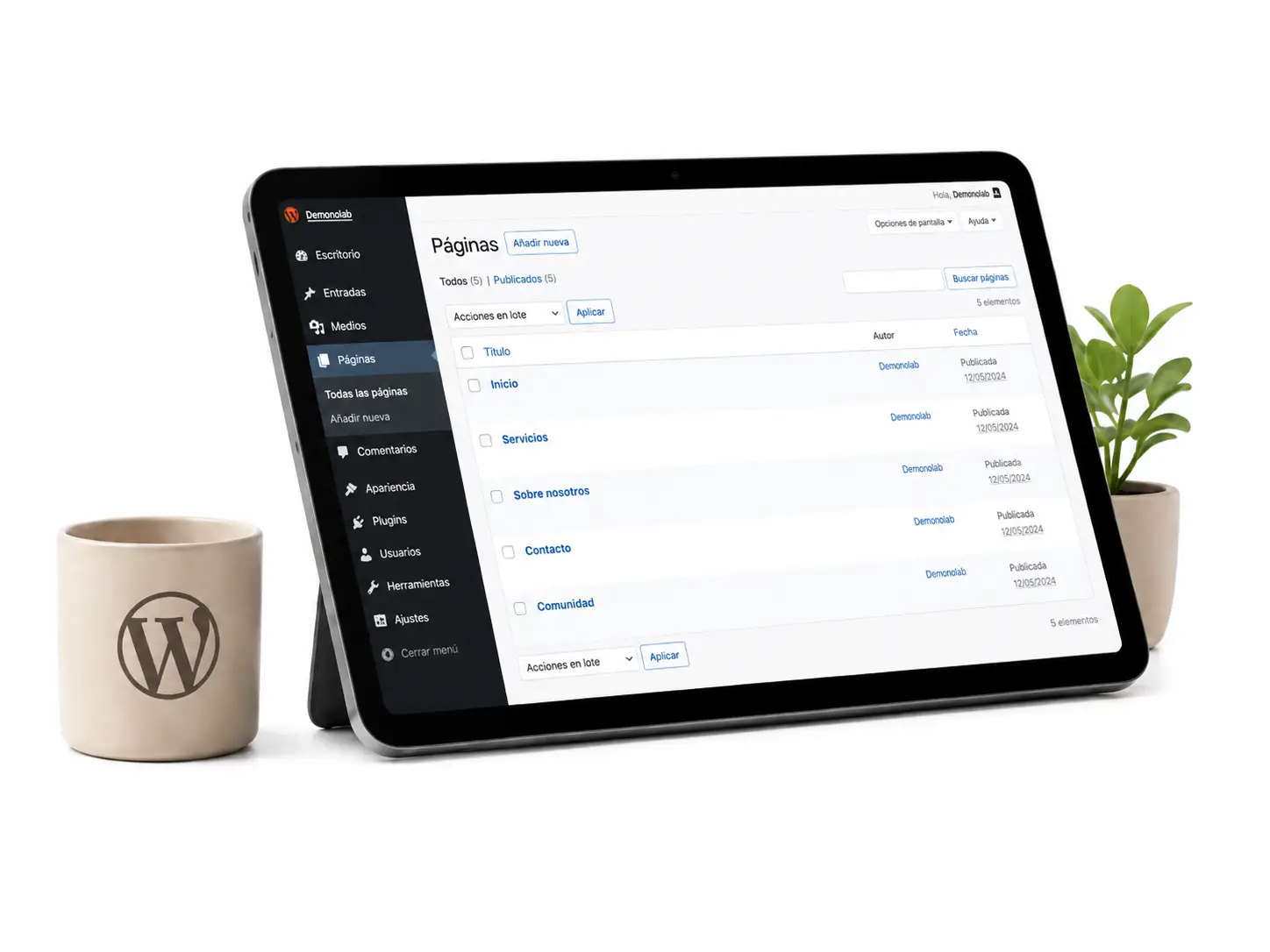 Panel de administración WordPress en tablet
