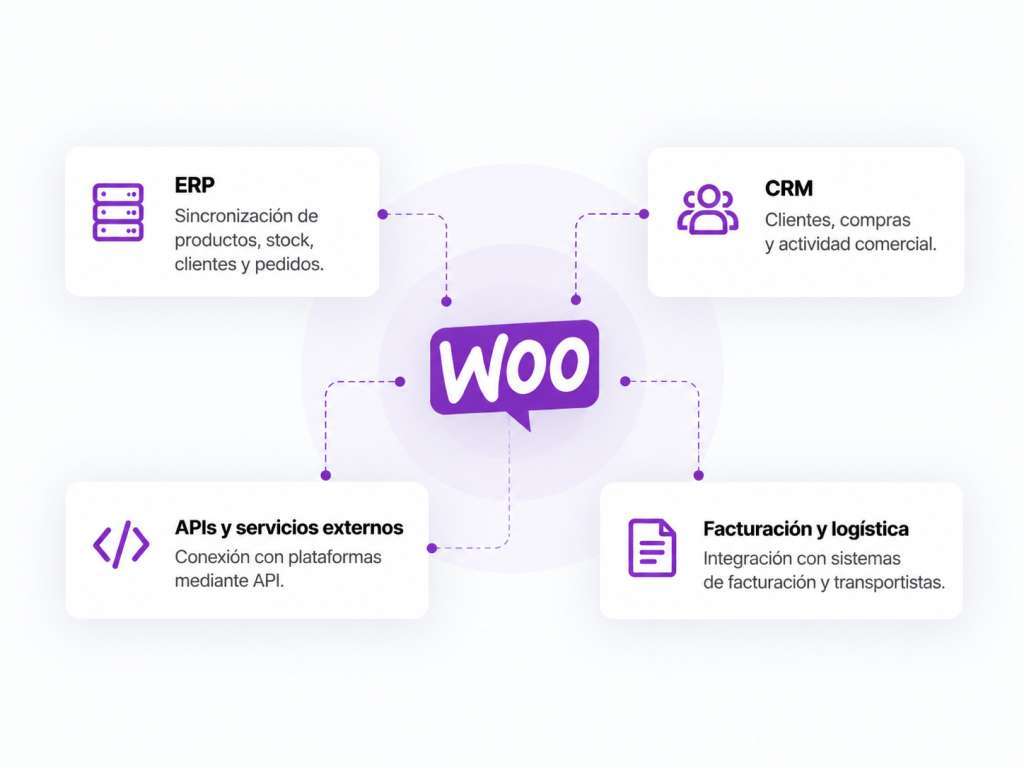 Desarrollo WooCommerce con integraciones ERP, CRM, APIs, pagos y logística