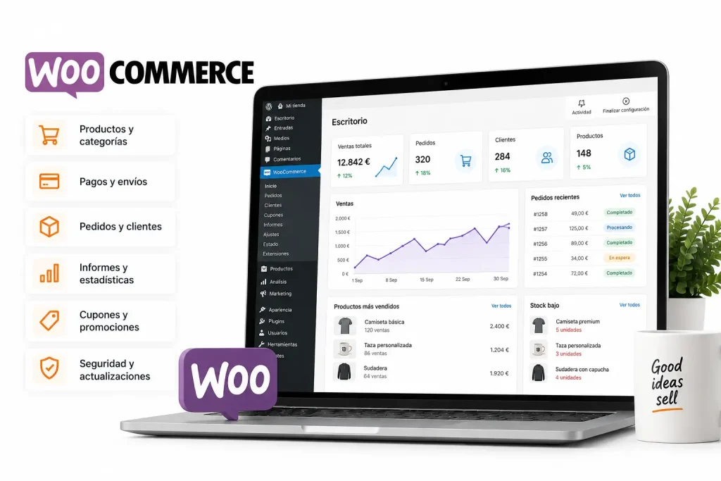 Panel de gestión WooCommerce con pedidos y estadísticas de ventas